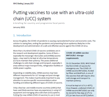 Putting Vaccines To Use With An Ultra Cold Chain Ucc System A Briefing For Country And Programme Focal Points